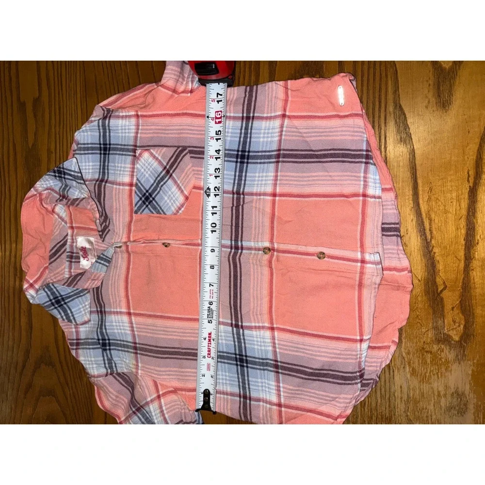 Justice Plaid Button Up Shirt Coral Blue‎ Girls Size M 10 Long Sleeve Pocket